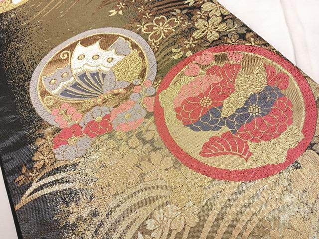 平和屋着物◎六通柄袋帯 唐織 花蝶文 金糸 正絹 逸品 BAAX1712qw