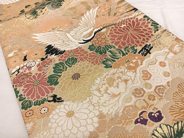 平和屋着物◎アンティーク 丸帯 扇面花鳥文 金糸 正絹 逸品 BAAX1719qw