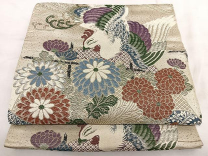 平和屋着物◎アンティーク 丸帯 唐織 引き抜き帯 絵巻花鳥文 正絹 逸品 BAAX1723qw