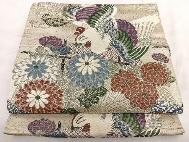 平和屋着物◎アンティーク 丸帯 唐織 引き抜き帯 絵巻花鳥文 正絹 逸品 BAAX1723qw