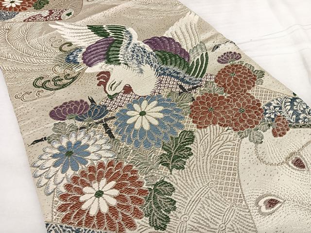 平和屋着物◎アンティーク 丸帯 唐織 引き抜き帯 絵巻花鳥文 正絹 逸品 BAAX1723qw