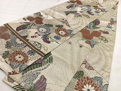 平和屋着物◎アンティーク 丸帯 唐織 引き抜き帯 絵巻花鳥文 正絹 逸品 BAAX1723qw