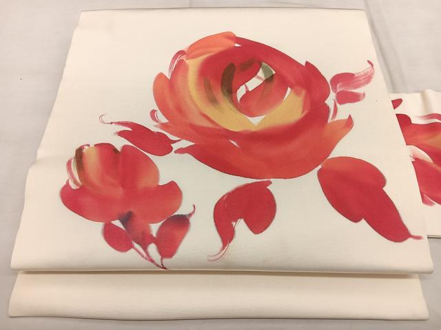 平和屋着物◎塩瀬 九寸名古屋帯 作家物 手描き 薔薇 正絹 逸品 BAAX1728qw