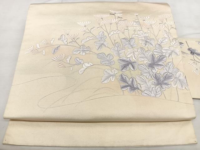 平和屋着物◎九寸名古屋帯 総刺繍 枝菊文 正絹 逸品 BAAX1730qw