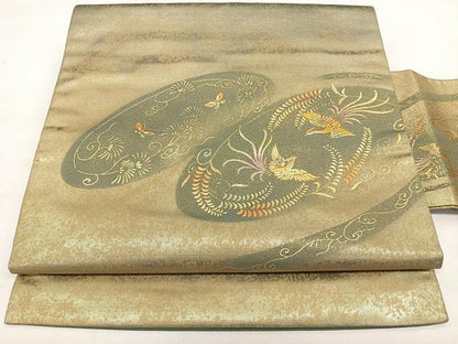 平和屋着物◎九寸名古屋帯 鳳凰花蝶文 金彩 引箔 正絹 逸品 BAAX1731qw