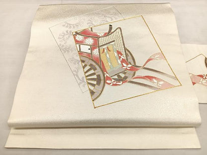 平和屋着物◎九寸名古屋帯　駒刺繍　色紙重ね御所車文　金銀糸　正絹　逸品　BAAX1732qw