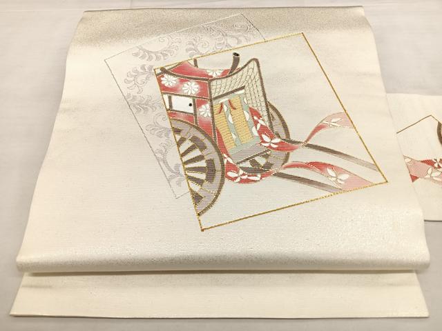 平和屋着物◎九寸名古屋帯　駒刺繍　色紙重ね御所車文　金銀糸　正絹　逸品　BAAX1732qw