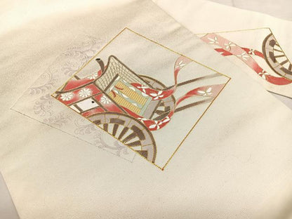 平和屋着物◎九寸名古屋帯　駒刺繍　色紙重ね御所車文　金銀糸　正絹　逸品　BAAX1732qw