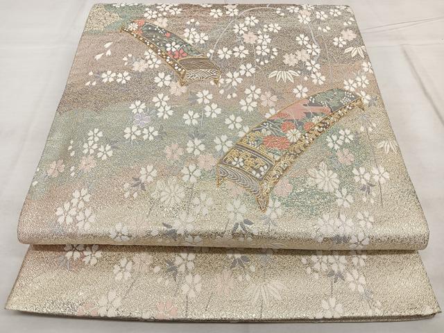 平和屋着物◎六通柄袋帯 唐織 雲取り楽器花文 金銀糸
