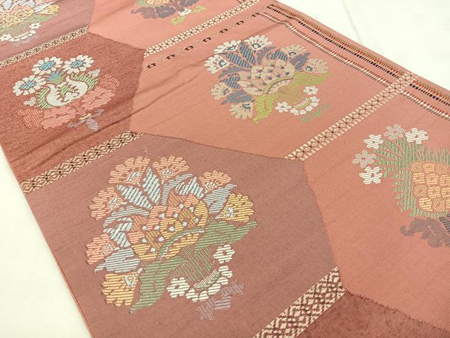 平和屋着物◎六通柄袋帯　紬地　草花文　正絹　逸品　BAAX1742qw