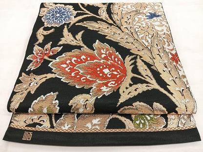 平和屋着物◎六通柄袋帯 唐織 更紗唐草文 黒地 金糸 正絹 逸品 BAAX1744qw