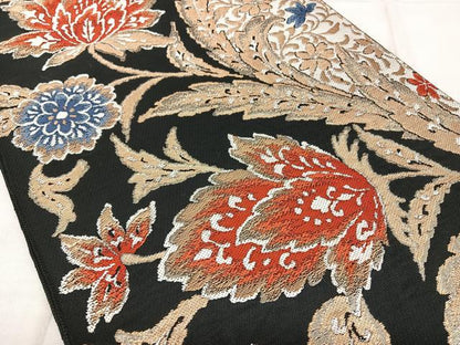 平和屋着物◎六通柄袋帯 唐織 更紗唐草文 黒地 金糸 正絹 逸品 BAAX1744qw