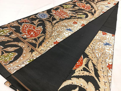 平和屋着物◎六通柄袋帯 唐織 更紗唐草文 黒地 金糸 正絹 逸品 BAAX1744qw
