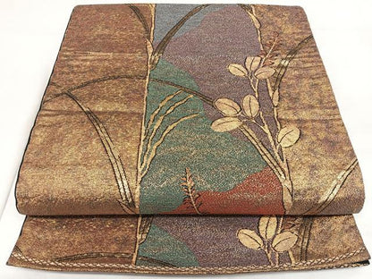 平和屋着物◎六通柄袋帯　枝葉文　金糸　正絹　逸品　BAAX1754qw