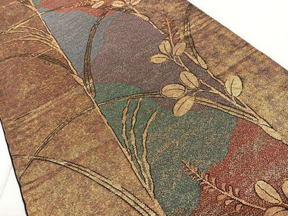 平和屋着物◎六通柄袋帯　枝葉文　金糸　正絹　逸品　BAAX1754qw