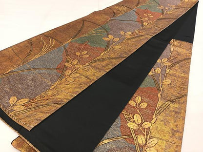 平和屋着物◎六通柄袋帯　枝葉文　金糸　正絹　逸品　BAAX1754qw