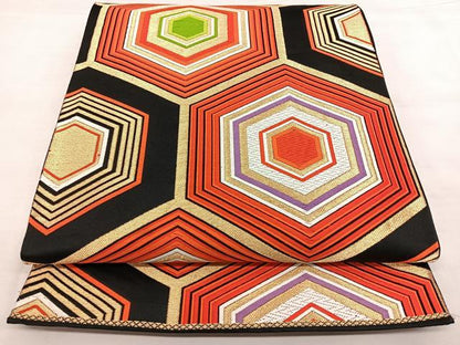 平和屋着物◎六通柄袋帯 唐織 亀甲重ね文 黒地 金糸 正絹 逸品 BAAX1756qw