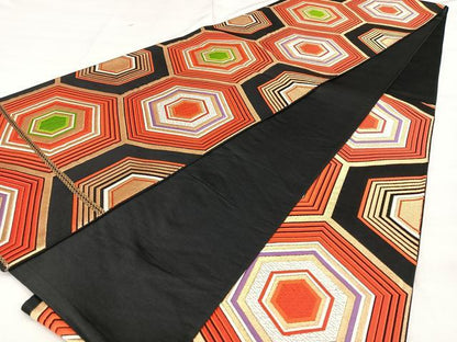 平和屋着物◎六通柄袋帯 唐織 亀甲重ね文 黒地 金糸 正絹 逸品 BAAX1756qw