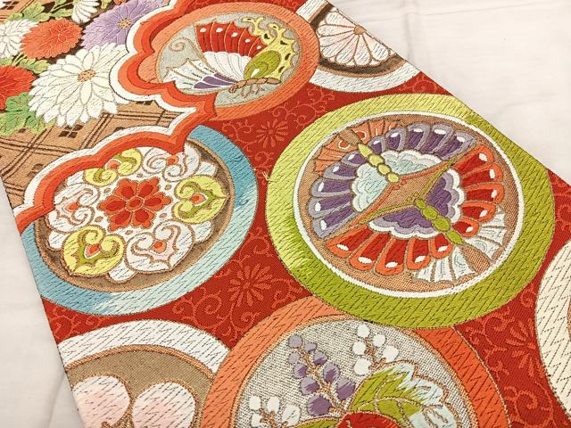 平和屋着物●六通柄袋帯　唐織　花蝶丸文　金糸　正絹　逸品　CABB9228hy 平和屋着物○六通柄袋帯 唐織 花蝶丸文 金糸 正絹 逸品 CABB9228hy
