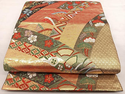 平和屋着物◎六通柄袋帯　唐織　遠山吉祥文　金糸　正絹　逸品　BAAX1764qw