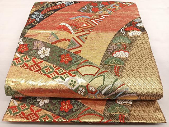 平和屋着物◎六通柄袋帯　唐織　遠山吉祥文　金糸　正絹　逸品　BAAX1764qw