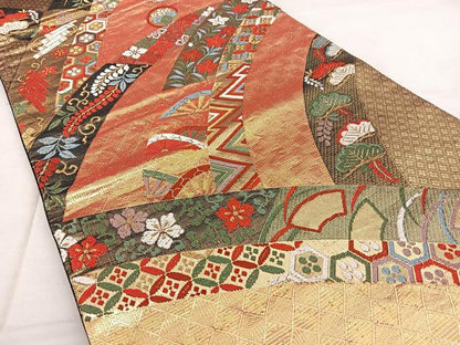 平和屋着物◎六通柄袋帯　唐織　遠山吉祥文　金糸　正絹　逸品　BAAX1764qw