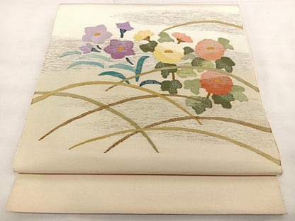 平和屋着物◎太鼓柄袋帯　すくい織　草花文　金糸　正絹　逸品　BAAX1769qw