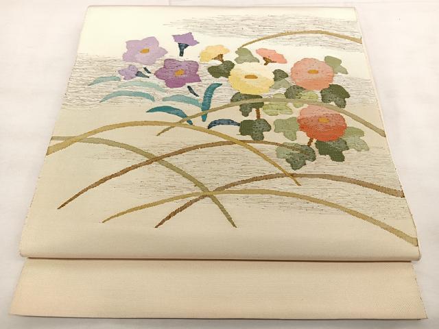 平和屋着物◎太鼓柄袋帯　すくい織　草花文　金糸　正絹　逸品　BAAX1769qw