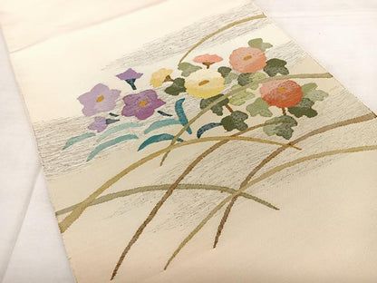平和屋着物◎太鼓柄袋帯　すくい織　草花文　金糸　正絹　逸品　BAAX1769qw