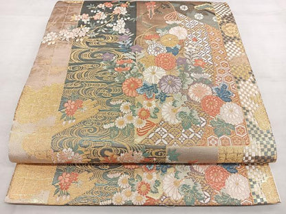 平和屋着物◎六通柄袋帯 唐織 几帳四季花文 九百錦 金糸 正絹 逸品 BAAX1771qw