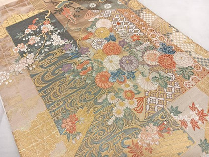 平和屋着物◎六通柄袋帯 唐織 几帳四季花文 九百錦 金糸 正絹 逸品 BAAX1771qw