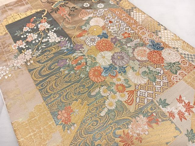 平和屋着物◎六通柄袋帯 唐織 几帳四季花文 九百錦 金糸 正絹 逸品 BAAX1771qw