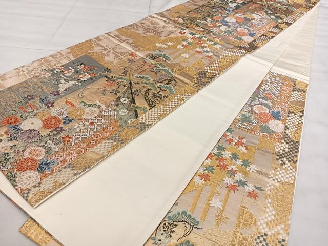 平和屋着物◎六通柄袋帯 唐織 几帳四季花文 九百錦 金糸 正絹 逸品 BAAX1771qw