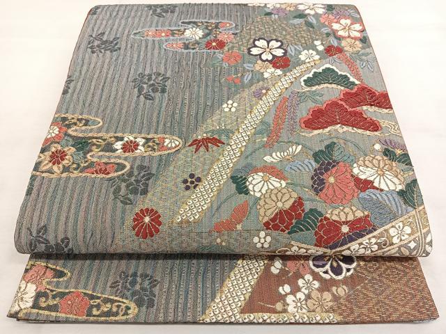 平和屋着物◎六通柄袋帯 唐織 遠山草花文 金糸 正絹 逸品 BAAX1774qw