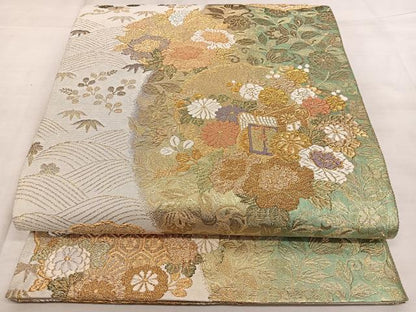 平和屋着物◎両面　六通柄袋帯　唐織　御車花丸紋　金銀糸　正絹　逸品　BAAX1781qw