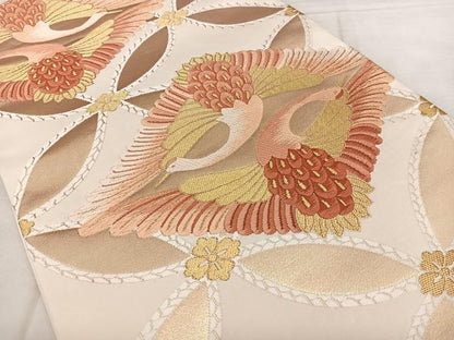 平和屋着物◎六通柄袋帯 唐織 双鶴菱文 金糸 正絹 逸品 BAAX1783qw