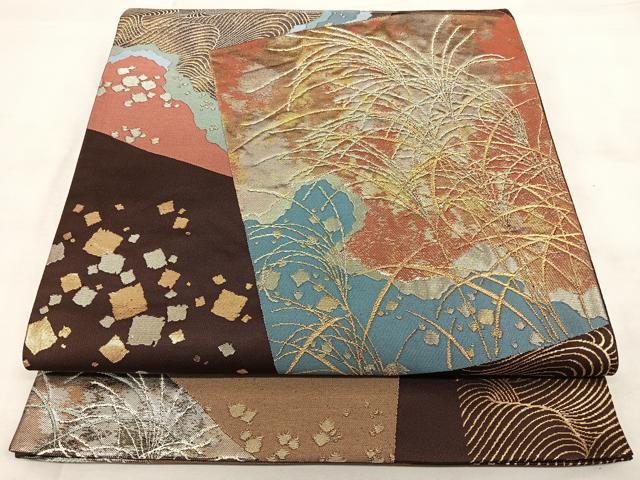平和屋着物◎六通柄袋帯 唐織 四季重ね色紙図 金銀糸 引箔 正絹 逸品 BAAX1784qw