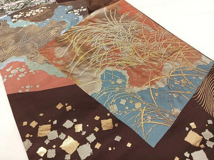 平和屋着物◎六通柄袋帯 唐織 四季重ね色紙図 金銀糸 引箔 正絹 逸品 BAAX1784qw
