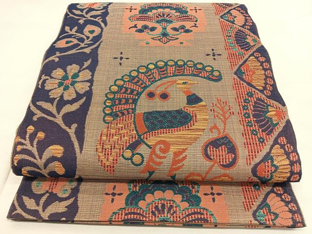 平和屋着物◎六通柄　本袋帯　孔雀花文　正絹　逸品　BAAX1794qw