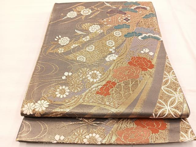平和屋着物◎六通柄袋帯 唐織 熨斗流水花文 金糸 正絹 逸品 BAAX1803hv