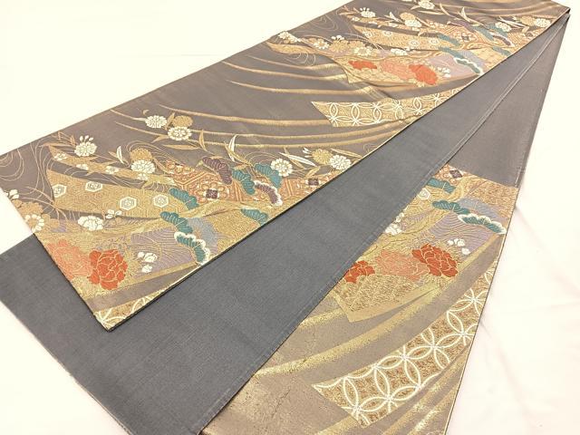 平和屋着物◎六通柄袋帯 唐織 熨斗流水花文 金糸 正絹 逸品 BAAX1803hv