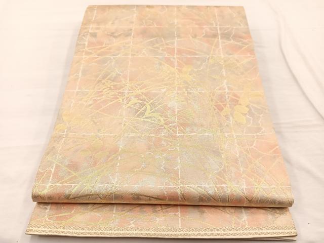 平和屋着物◎西陣 服部織物謹製 六通柄袋帯 こはく錦 草葉文 金銀糸 正絹 逸品 BAAX1811hv