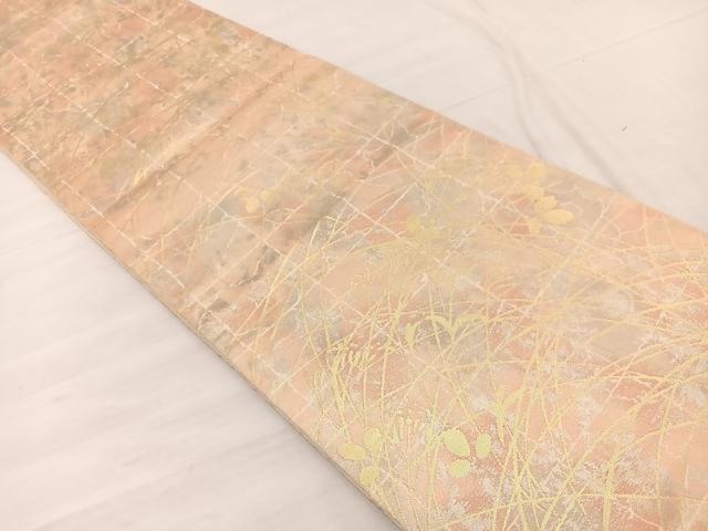 平和屋着物◎西陣 服部織物謹製 六通柄袋帯 こはく錦 草葉文 金銀糸 正絹 逸品 BAAX1811hv