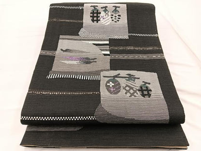 平和屋着物●両面　太鼓柄　京袋帯　すくい織　成り物　黒地　正絹　逸品　BAAX1814hv