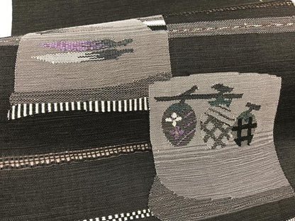 平和屋着物●両面　太鼓柄　京袋帯　すくい織　成り物　黒地　正絹　逸品　BAAX1814hv