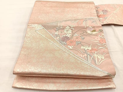 平和屋着物◎九寸名古屋帯 駒刺繍 鴛鴦花文 金銀糸 正絹 逸品 BAAX1820hv
