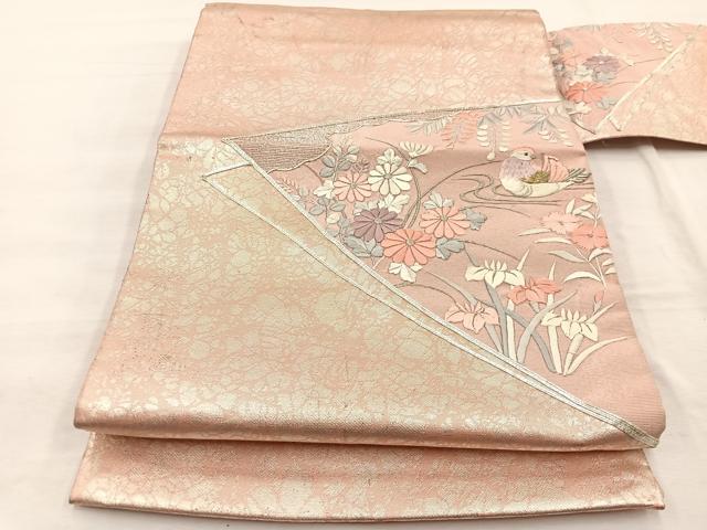 平和屋着物◎九寸名古屋帯 駒刺繍 鴛鴦花文 金銀糸 正絹 逸品 BAAX1820hv