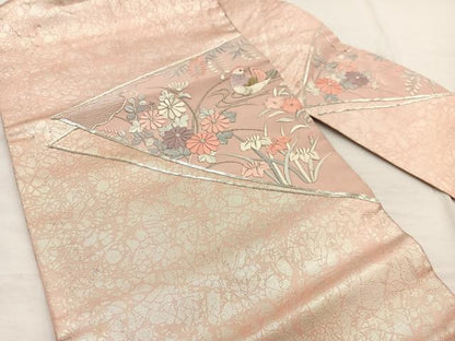 平和屋着物◎九寸名古屋帯 駒刺繍 鴛鴦花文 金銀糸 正絹 逸品 BAAX1820hv