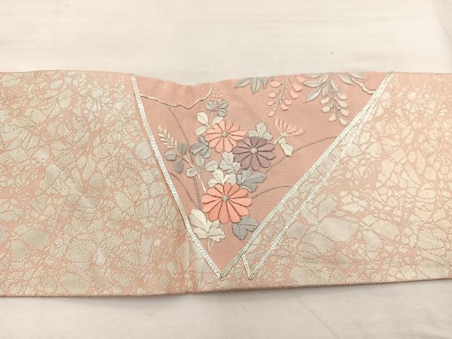 平和屋着物◎九寸名古屋帯 駒刺繍 鴛鴦花文 金銀糸 正絹 逸品 BAAX1820hv