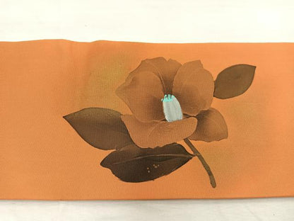 平和屋着物◎塩瀬 九寸名古屋帯 手描き ろうけつ染め 椿 金彩 正絹 逸品 BAAX1821hv